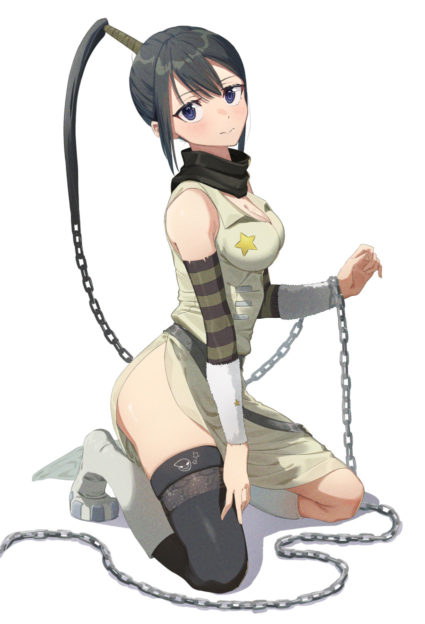 1girl absurdres bangs belt black_belt black_hair black_legwear black_scarf blue_eyes blush boots breasts chain closed_mouth commentary detached_sleeves dress frown full_body highres kneeling long_hair looking_at_viewer medium_breasts nakatsukasa_tsubaki ponytail scarf shadow side_slit simple_background sleeveless sleeveless_dress solo soul_eater star taiga_(ryukyu-6102-8) thighhighs white_background white_dress white_footwear