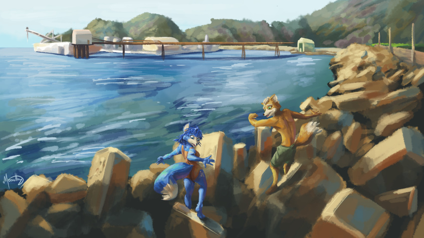 16:9 2019 4k absurd_res anthro barefoot bottomwear bridge canid canine clothed clothing day detailed_background duo female fox fox_mccloud fur green_eyes hair hi_res huge_filesize krystal male mammal markings maxothy mountain nintendo one-piece_swimsuit open_mouth rock short_hair shorts signature star_fox swimwear topless tribal_markings video_games water widescreen