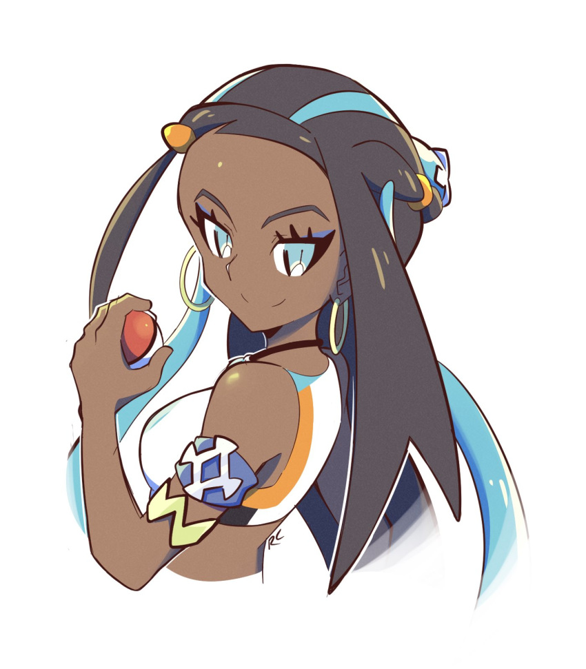 1girl artsy-rc bare_shoulders black_hair blue_eyes closed_mouth commentary dark_skin earrings english_commentary forehead from_side hand_up highres holding holding_poke_ball hoop_earrings jewelry long_hair multicolored_hair poke_ball poke_ball_(generic) pokemon pokemon_(game) pokemon_swsh rurina_(pokemon) signature simple_background smile solo streaked_hair upper_body white_background