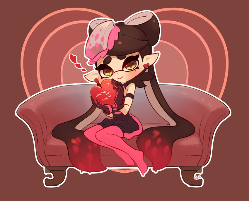 +_+ 1girl adapted_costume aori_(splatoon) armband black_gloves black_hair black_jumpsuit brown_background brown_eyes closed_mouth commentary couch coula_cat dated detached_collar domino_mask earrings english_commentary english_text food food_on_head gloves gradient_hair happy_valentine heart heart_earrings holding jewelry long_hair looking_at_viewer mask mole mole_under_eye multicolored_hair no_shoes object_on_head on_couch outline pantyhose pointy_ears red_hair red_legwear short_jumpsuit sitting smile solo splatoon_(series) splatoon_1 tentacle_hair very_long_hair white_outline