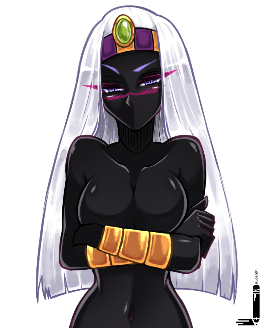 1girl absurdres anklet arms_under_breasts black_skin blush breasts cleavage crossed_arms duck_dodgers eyebrows half-closed_eyes highres jewelry loen-lapae long_hair looking_at_viewer navel no_mouth purple_eyes queen_tyr'ahnee silver_hair simple_background solo tiara topless upper_body white_background