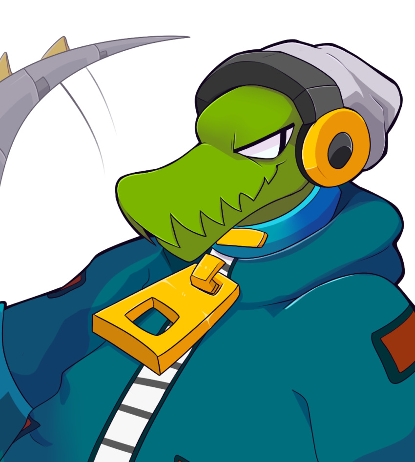 3_toes 4_fingers ambiguous_gender anthro ball beanie claws clothing collar crocodile crocodilian crocodylid cybernetics feve fingers hat headgear headphones headwear hi_res hoodie latch lethal_league long_tail machine metal_tail prosthetic reptile scalie solo toes topwear video_games zipper