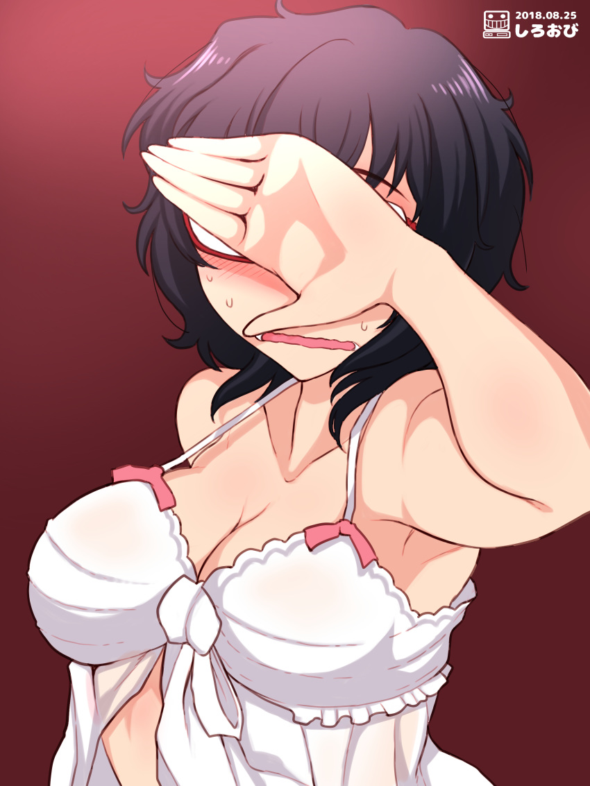 1girl absurdres arms_up artist_logo artist_name babydoll black_eyes breasts commentary covering_face dated embarrassed frown girls_und_panzer glasses highres lingerie medium_breasts messy_hair open_mouth oryou_(girls_und_panzer) red-framed_eyewear red_background semi-rimless_eyewear shiroobi_(whitebeltmaster) short_hair short_ponytail solo sweat under-rim_eyewear underwear wavy_hair