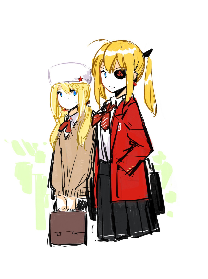 2girls bag blonde_hair blue_eyes chinese_commentary commentary_request eyepatch fur_hat girls_frontline hat highres jacket long_hair looking_at_viewer miharu_(cgsky) multiple_girls ppsh-41_(girls_frontline) school_bag school_uniform skorpion_(girls_frontline) sweater twintails ushanka