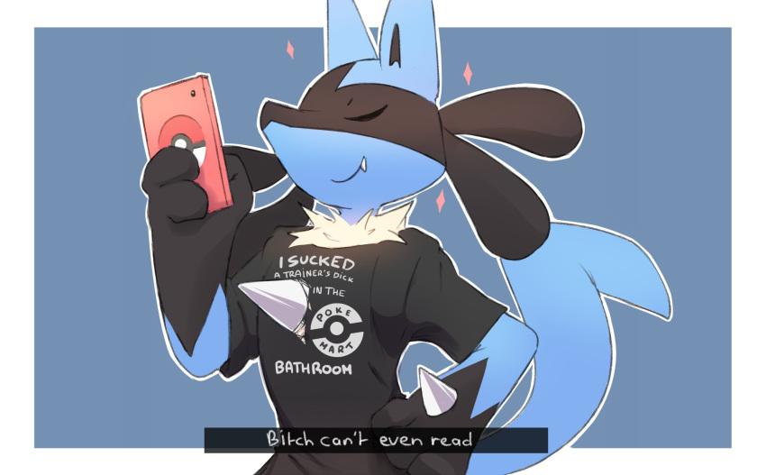 2020 anthro blue_body blue_fur canid canine celescario clothing english_text eyes_closed fur hi_res lucario male mammal nintendo phone pok&eacute;mon pok&eacute;mon_(species) profanity shirt simple_background smile solo text topwear video_games