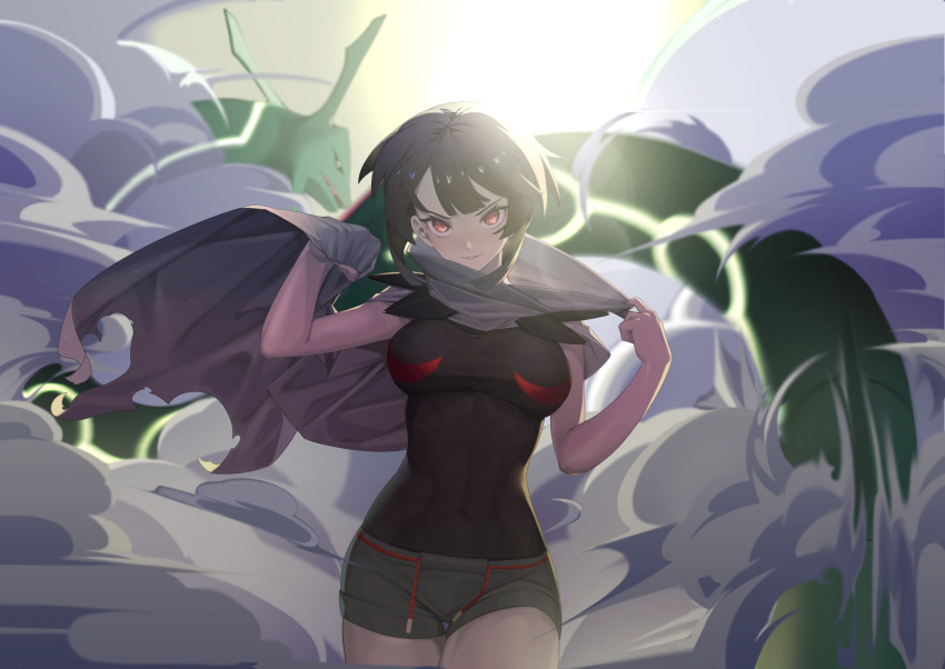 1girl backlighting bare_arms behind_another black_hair boots breasts cape commentary covered_navel cowboy_shot day dragon gen_3_pokemon hands_up higana_(pokemon) highres komadera looking_at_viewer medium_hair outdoors parted_lips pokemon pokemon_(creature) pokemon_(game) pokemon_oras rayquaza red_eyes shirt shorts skin_tight sleeveless sleeveless_shirt smile smoke solo_focus symbol_commentary thigh_boots thighhighs