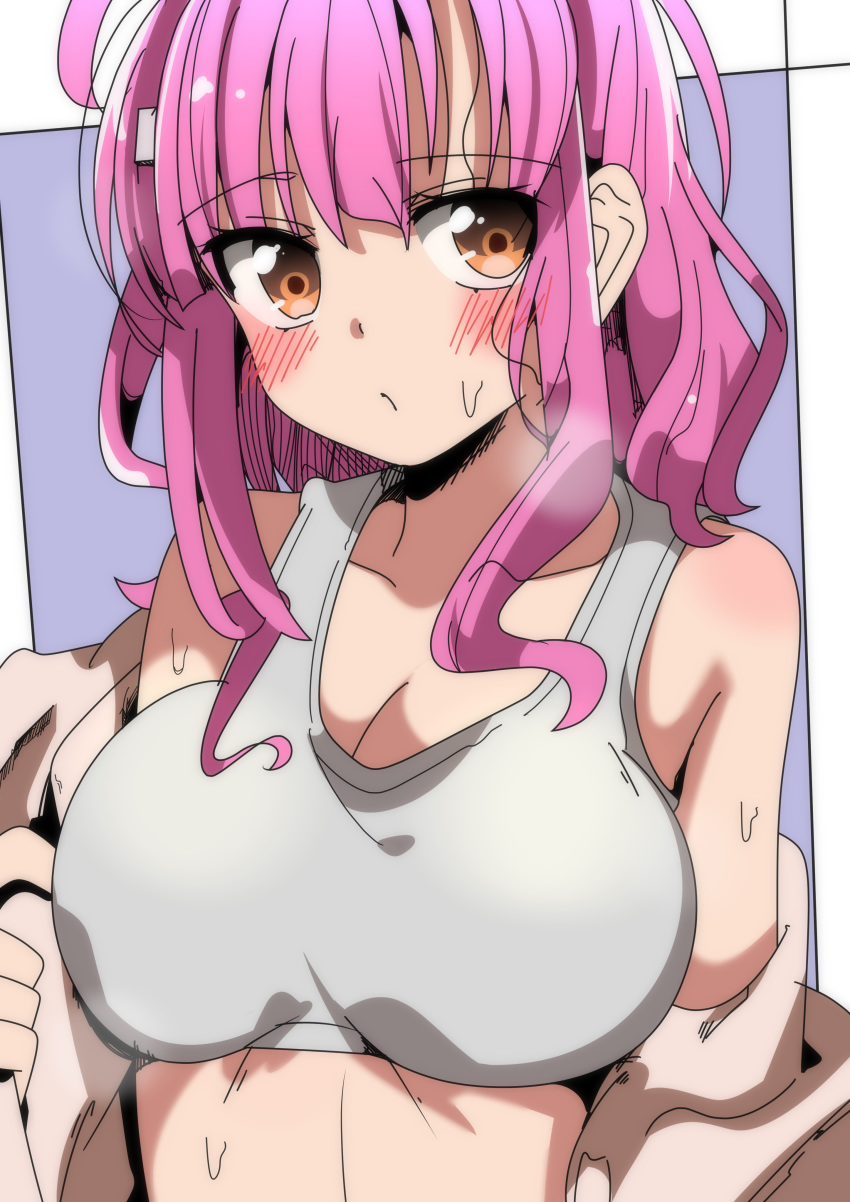 1girl absurdres bangs blush breasts brown_eyes cleavage collarbone eyebrows_visible_through_hair gakkou_gurashi! hair_ornament hairclip highres large_breasts looking_at_viewer pink_hair sakura_megumi short_hair sinakyo solo sweat tank_top upper_body