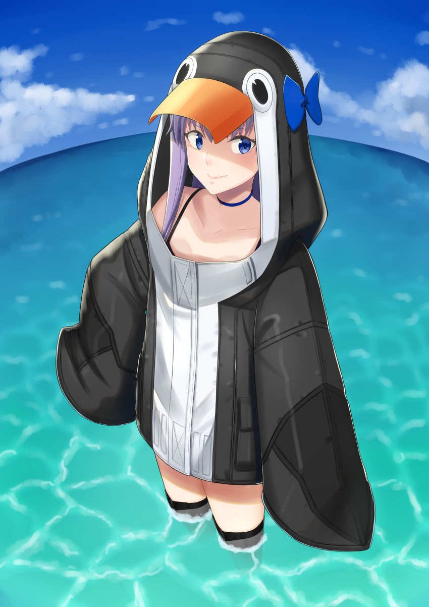 1girl absurdres animal_hood bangs bare_shoulders bikini black_bikini black_jacket blue_bow blue_eyes blue_sky blush bow breasts choker closed_mouth collarbone fate/grand_order fate_(series) fisheye hair_bow highres hood hood_up jacket k-ya. long_hair long_sleeves looking_at_viewer meltryllis meltryllis_(swimsuit_lancer)_(fate) ocean penguin_hood purple_hair sky sleeves_past_fingers sleeves_past_wrists small_breasts smile solo swimsuit thighs very_long_hair wading water