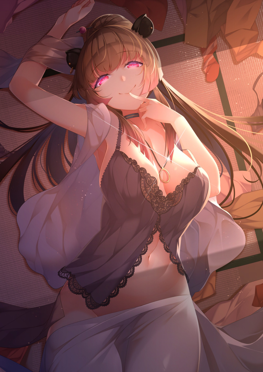 1girl animal_ears animare arm_up armpits babydoll bare_shoulders blanket bottomless breasts brown_hair choker cleavage commentary_request dark glint glowing glowing_eyes hair_ornament hairpin hand_up highres jewelry kokka_han lace_trim large_breasts long_hair looking_at_viewer lying naughty_face navel necklace on_back pink_eyes ponytail sleeveless smile solo stomach tatami virtual_youtuber yunohara_izumi
