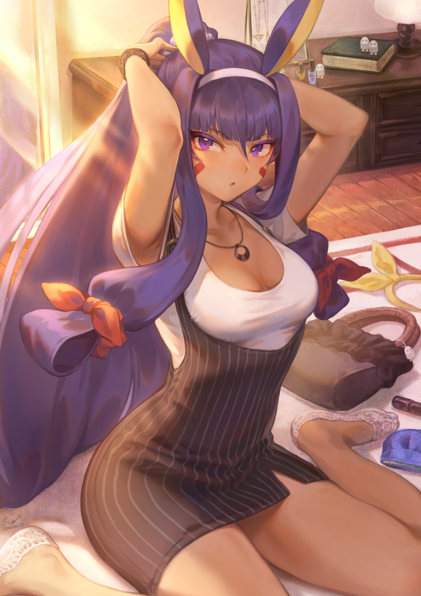 1girl animal_ears bangs breasts contemporary dark_skin earrings egyptian facepaint facial_mark fate/grand_order fate_(series) highres hoop_earrings jackal_ears jewelry looking_at_viewer mashuu_(neko_no_oyashiro) medium_breasts nitocris_(fate/grand_order) open_mouth purple_eyes purple_hair solo