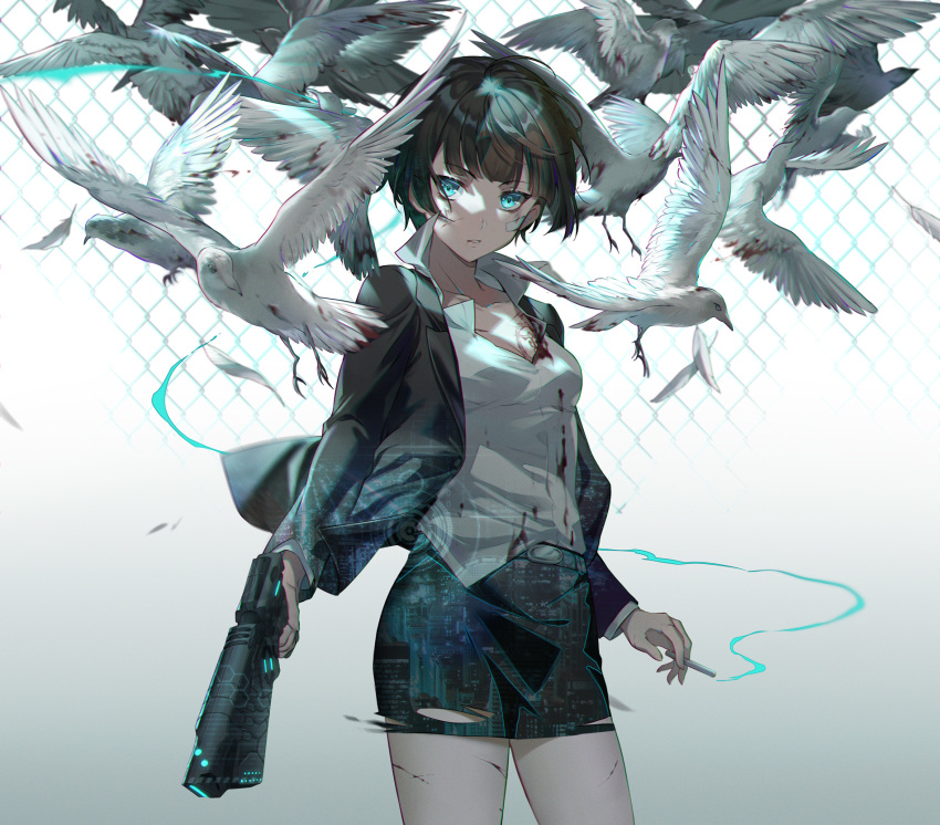 1girl backlighting bandage_on_face bangs belt bird black_jacket blood bloody_clothes blue_eyes breast_tattoo breasts brown_hair chain-link_fence chromatic_aberration cigarette collared_shirt cropped_legs cuts ekita_xuan fence flock gradient gradient_background gun highres holding holding_cigarette holding_gun holding_weapon injury jacket looking_at_viewer open_clothes open_collar open_jacket parted_lips pencil_skirt psycho-pass shirt short_hair skirt small_breasts smoking solo standing tattoo torn_clothes torn_skirt tsunemori_akane weapon white_shirt