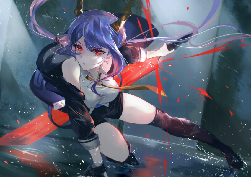 1girl arknights arm_support bangs bare_shoulders black_gloves black_jacket blue_hair boots breasts ch'en_(arknights) closed_mouth fighting_stance fingerless_gloves floating_hair gloves highres holding holding_sword holding_weapon horns jacket large_breasts looking_at_viewer low_twintails necktie off_shoulder open_clothes open_jacket red_eyes shirt short_shorts shorts sidelocks single_fingerless_glove solo sword thigh_boots thighhighs thighs twintails vardan weapon white_shirt