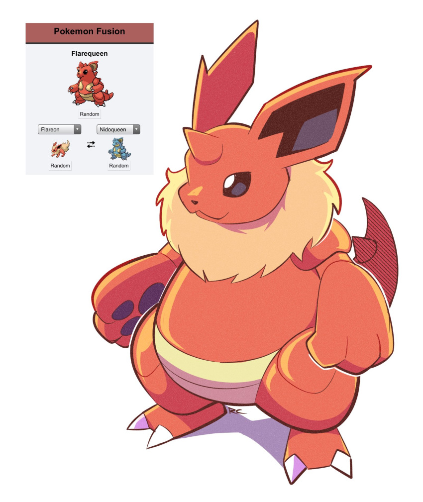 :3 artsy-rc commentary english_commentary flareon fusion gen_1_pokemon highres nidoqueen no_humans pokemon pokemon_(creature) signature simple_background solo standing white_background