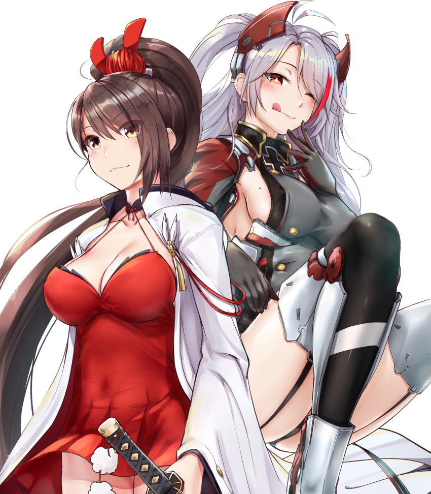 2girls :q absurdres antenna_hair azur_lane bangs black_choker breasts brown_eyes brown_hair choker cowboy_shot eyeliner ganari_ryuu highres iron_cross japanese_clothes large_breasts licking_lips long_hair looking_at_viewer makeup mole mole_on_breast multicolored_hair multiple_girls one_eye_closed ponytail prinz_eugen_(azur_lane) red_eyes shoulder_strap silver_hair streaked_hair swept_bangs tongue tongue_out two_side_up zuikaku_(azur_lane)