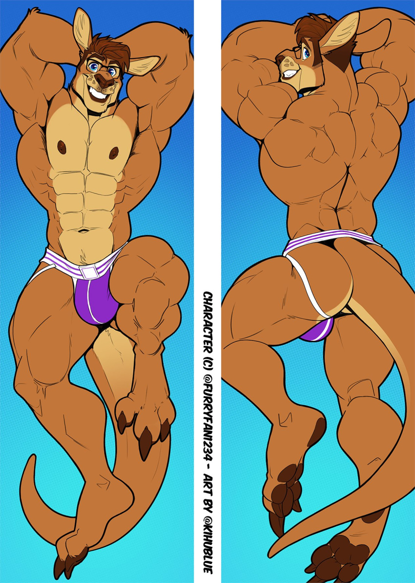 2020 abs anthro back_muscles biceps blue_eyes brown_hair bulge butt clothed clothing dakimakura_design dangaroo eyewear glasses hair hi_res jockstrap kangaroo kihu looking_back macropod male mammal marsupial muscular muscular_male navel nipples pecs purple_clothing purple_underwear rear_view smile solo topless underwear