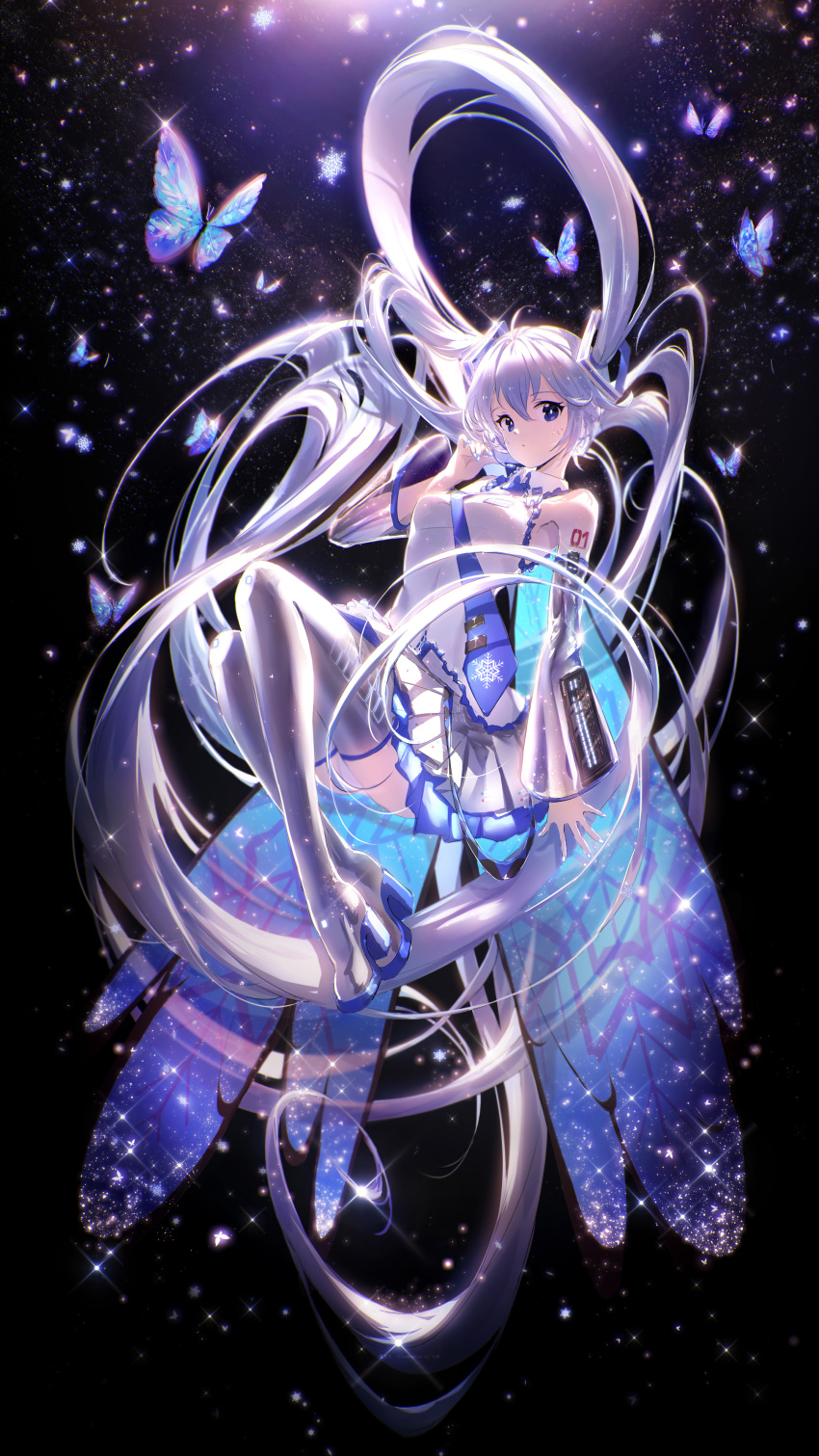 1girl absurdres ahoge bangs bare_shoulders black_background blue_butterfly blue_eyes blue_hair blue_nails blue_neckwear blue_skirt blue_wings boots breasts collared_shirt detached_sleeves floating floating_hair frills full_body grey_footwear grey_legwear grey_skirt grey_sleeves hair_ornament hatsune_miku highres insect_wings knees_up layered_skirt lengchan_(fu626878068) long_hair looking_at_viewer medium_breasts necktie panties shirt sidelocks skirt snowflakes sparkle thigh_boots thighhighs twintails underwear very_long_hair vocaloid white_hair white_panties white_shirt wings yuki_miku yuki_miku_(2010)