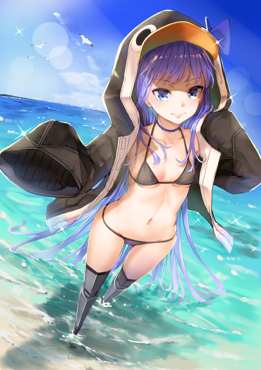 1girl animal_hood bangs bare_shoulders beach bikini bird black_bikini black_jacket blue_bow blue_eyes blue_sky blush bow breasts choker closed_mouth collarbone fate/grand_order fate_(series) funyariko greaves highres hood hood_up jacket long_hair long_sleeves looking_at_viewer meltryllis meltryllis_(swimsuit_lancer)_(fate) navel ocean open_clothes open_jacket penguin_hood prosthesis prosthetic_leg purple_hair seagull sky sleeves_past_fingers sleeves_past_wrists small_breasts smile solo swimsuit thighs very_long_hair