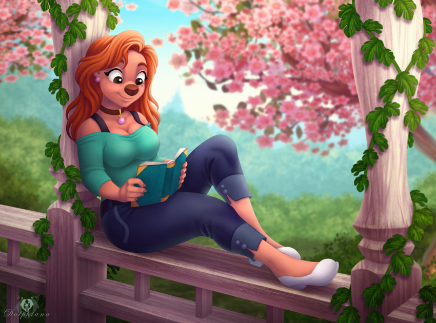 anthro beauty_mark book bottomwear breasts canid canine canis choker cleavage clothed clothing disney dolphydolphiana domestic_dog female goof_troop jeans jewelry mammal necklace off_shoulder pants reading roxanne_(goof_troop) sitting solo