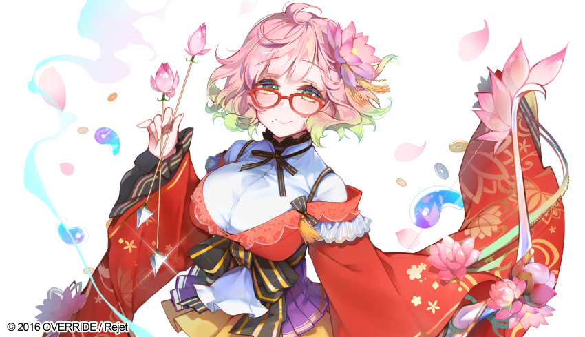 1girl absurdres arrow bow_(weapon) glasses gradient_hair green_eyes green_hair highres holding holding_arrow holding_bow_(weapon) holding_weapon icchi_banketsu japanese_clothes kanola_u kimono looking_at_viewer mole mole_under_mouth multicolored_hair original pink_hair red-framed_eyewear smile solo weapon