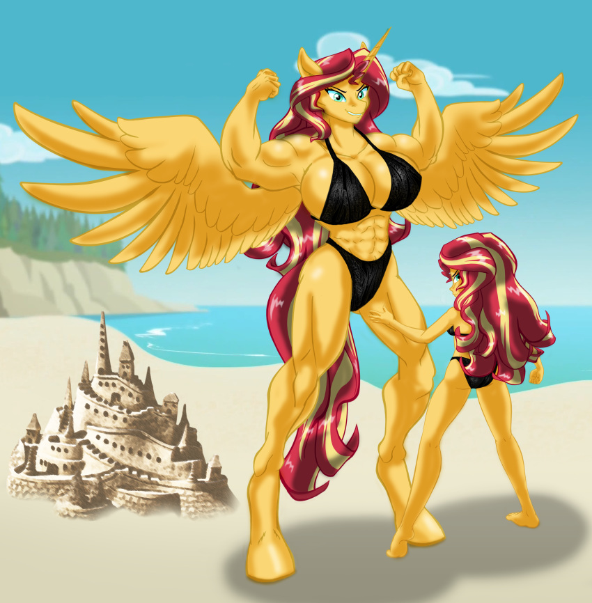 abs absurd_res anthro beach big_breasts bikini breasts cleavage clothed clothing equestria_girls equid female hi_res horn human larger_female mammal muscular muscular_female my_little_pony ponymaan sand_castle sculpture seaside size_difference smaller_female square_crossover sunset_shimmer_(eg) swimwear winged_unicorn wings