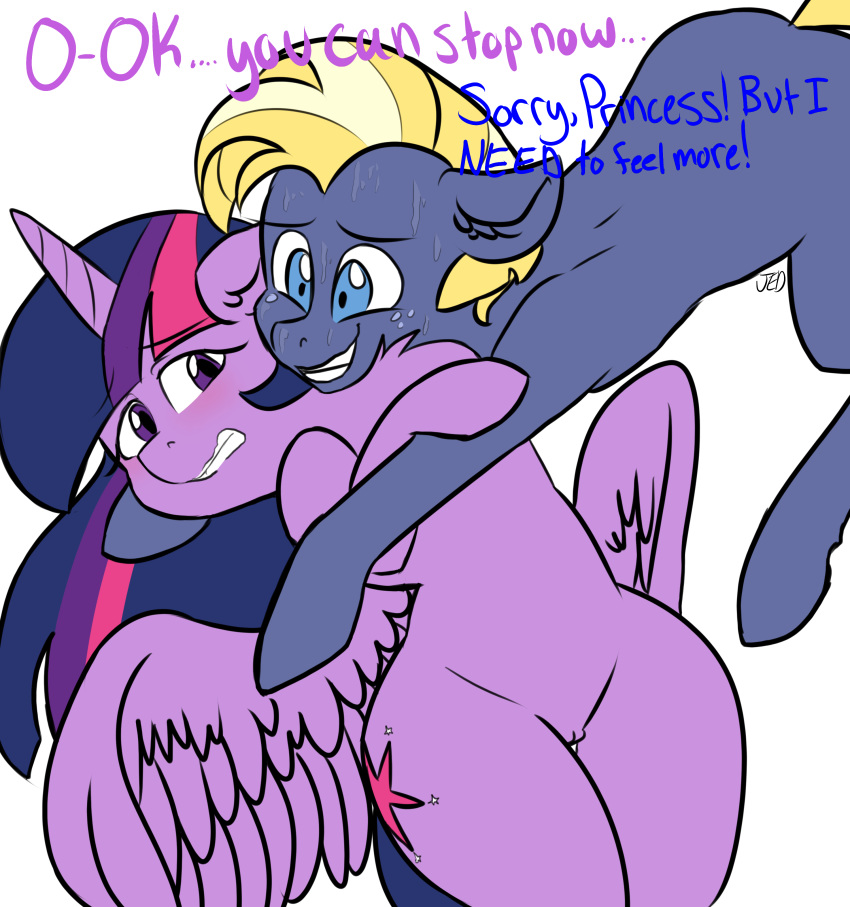 absurd_res blush bodily_fluids color_edit colored dialogue duo edit equid female feral freckles friendship_is_magic genitals hi_res horn jessedoodles male male/female mammal my_little_pony pussy star_tracker_(mlp) sweat twilight_sparkle_(mlp) wide_hips winged_unicorn wings