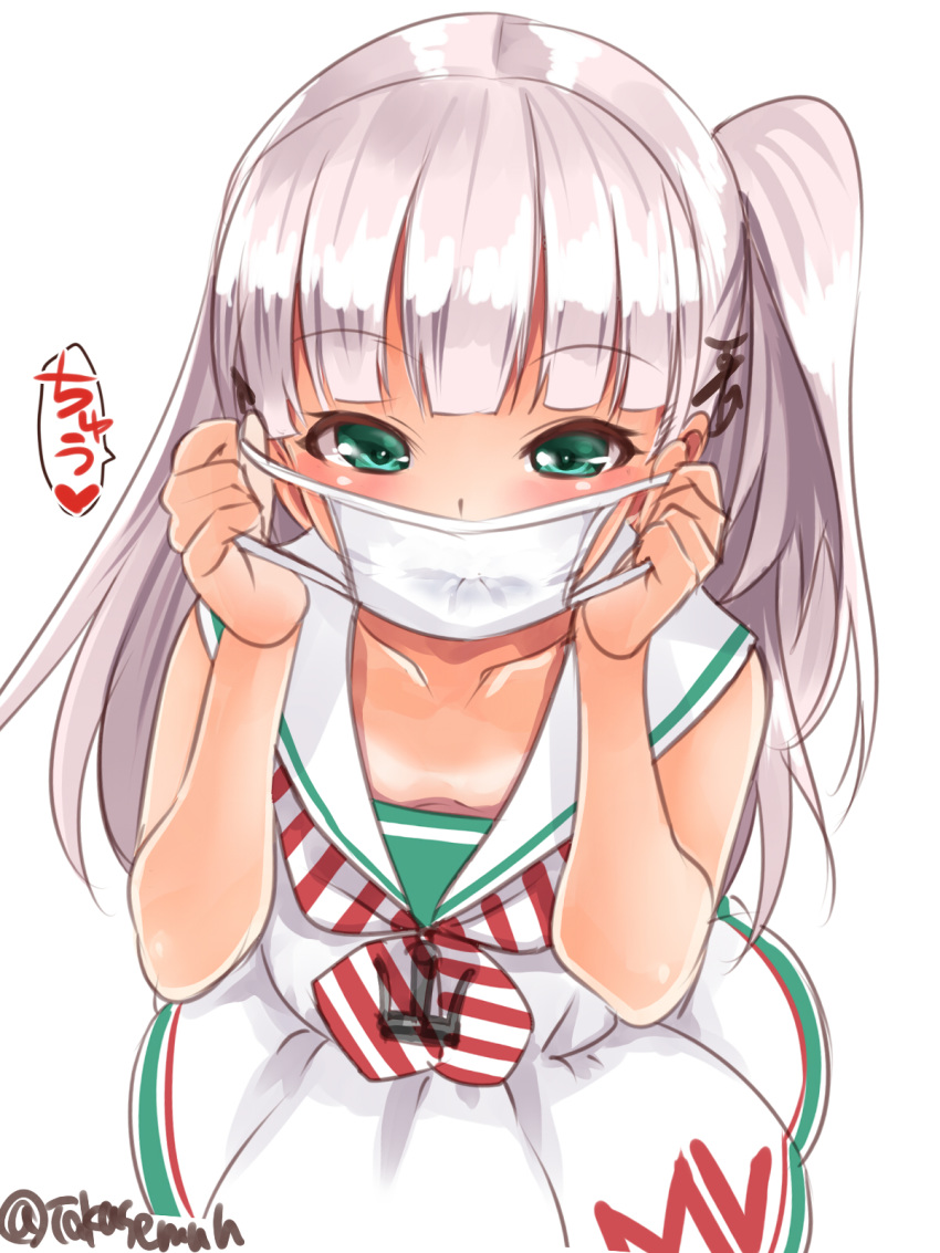 1girl bangs blunt_bangs blush collarbone dress eyebrows_visible_through_hair green_eyes heart highres kantai_collection long_hair maestrale_(kantai_collection) mask mouth_mask one_side_up sailor_collar sailor_dress silver_hair simple_background sleeveless sleeveless_dress solo takase_muu twitter_username white_background white_dress white_sailor_collar