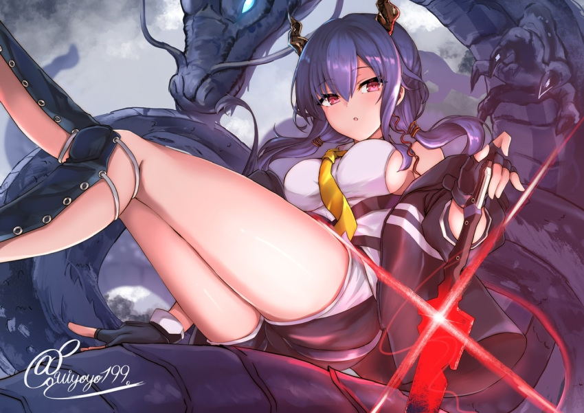 1girl arknights artist_name bangs bare_shoulders black_gloves black_jacket blue_hair breasts ch'en_(arknights) commentary dragon dragon_horns eastern_dragon eyebrows_visible_through_hair fingerless_gloves gloves hair_between_eyes horns jacket kouno_(uiyoyo199) large_breasts long_sleeves low_twintails off_shoulder open_clothes open_jacket parted_lips red_eyes shin_guards shirt signature sleeveless sleeveless_shirt solo symbol_commentary thighs twintails white_shirt