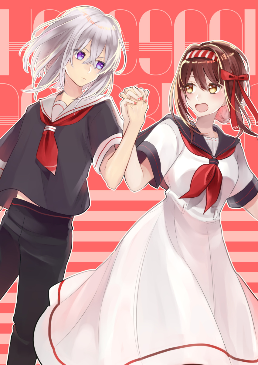 1boy 1girl asuma_(hanezu) black_pants brown_eyes brown_hair cover cover_page doujin_cover dress female_saniwa_(touken_ranbu) hair_bun hair_ribbon hairband highres holding_hands honebami_toushirou interlocked_fingers open_mouth pants pink_nails purple_eyes ribbon sailor_collar sailor_dress sailor_shirt saniwa_(touken_ranbu) shirt touken_ranbu white_hair