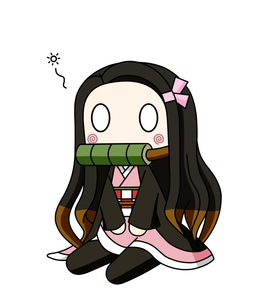 0_0 1girl absurdres bamboo bit_gag black_hair black_haori black_legwear blush_stickers brown_hair checkered checkered_obi chibi commentary_request forehead full_body gag gradient_hair hair_ribbon haori highres japanese_clothes kamado_nezuko kimetsu_no_yaiba kimono kinoko_(benitengudake) long_hair long_sleeves multicolored_hair obi pink_kimono pink_ribbon ribbon sash sidelocks simple_background sitting solo two-tone_hair very_long_hair white_background