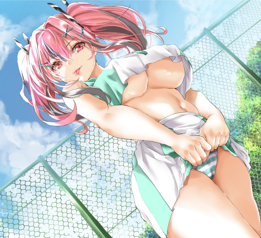 1girl azur_lane bangs bare_shoulders blue_sky bow breasts bremerton_(azur_lane) bremerton_(scorching-hot_training)_(azur_lane) chain-link_fence cloud crop_top crop_top_overhang day eyebrows_visible_through_hair fence from_below graphite_(medium) grey_hair hair_between_eyes hair_bow hair_ornament hairclip highres horizontal_stripes large_breasts lifted_by_self long_hair looking_at_viewer mechanical_pencil multicolored_hair no_mole outdoors panties pantyshot pantyshot_(standing) pencil pink_hair shirt skirt skirt_lift sky sleeveless sleeveless_shirt sportswear standing streaked_hair striped striped_panties tennis_uniform tongue tongue_out tororo_ten traditional_media twintails two-tone_hair two-tone_shirt two-tone_skirt underwear x_hair_ornament