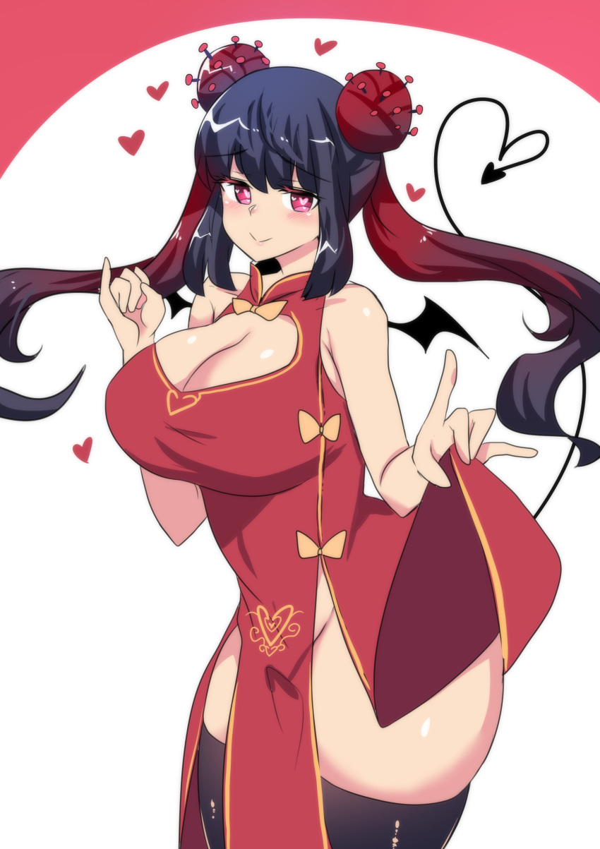 1girl absurdres bangs bat_wings black_hair breasts china_dress chinese_clothes cleavage cleavage_cutout corona-chan coronavirus demon_tail double_bun dress eyebrows_visible_through_hair heart heart-shaped_pupils highres hinghoi large_breasts long_hair looking_at_viewer multicolored_hair no_panties original personification pink_eyes red_hair solo streaked_hair symbol-shaped_pupils tail thighhighs twintails white_background wide_hips wings