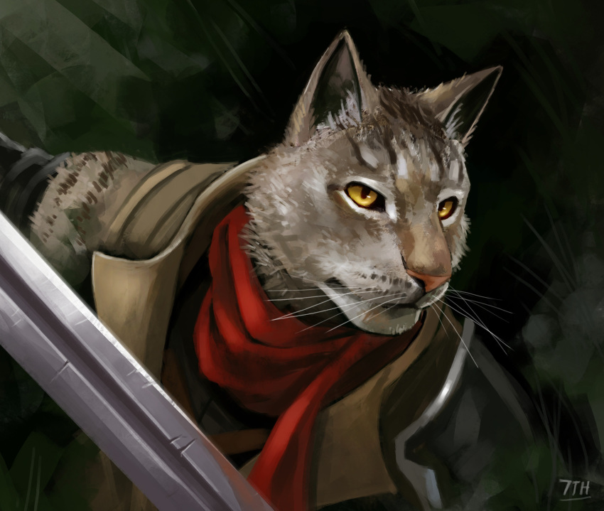 7theaven absurd_res anthro bethesda_softworks brown_body brown_fur clothed clothing felid feline fur hi_res khajiit male mammal melee_weapon multicolored_body multicolored_fur scarf simple_background solo stripes sword the_elder_scrolls video_games weapon whisker_spots whiskers yellow_eyes zah'ari_(character)