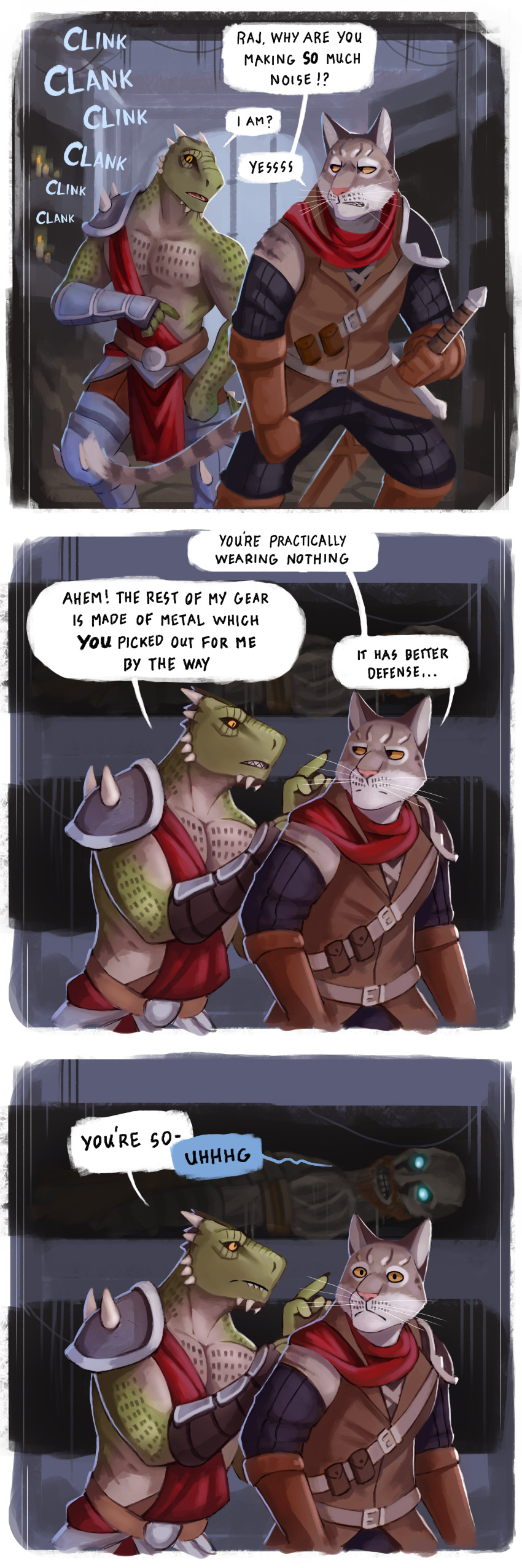 1:3 7theaven abs absurd_res annoyed anthro argonian armor bethesda_softworks biceps blue_eyes brown_body brown_fur candle claws clothed clothing comic detailed_background dialogue duo english_text felid feline fur gesture gloves glowing glowing_eyes green_body green_scales handwear hi_res humanoid humor khajiit looking_at_another looking_at_partner male male/male mammal melee_weapon multicolored_body multicolored_fur multicolored_scales muscular muscular_arms muscular_male onomatopoeia pecs pointing pointing_at_another raj-mota_rus_(character) scales scalie sound_effects speech_bubble spikes teeth text the_elder_scrolls triceps uhoh video_games weapon whisker_spots whiskers yellow_eyes zah'ari_(character)