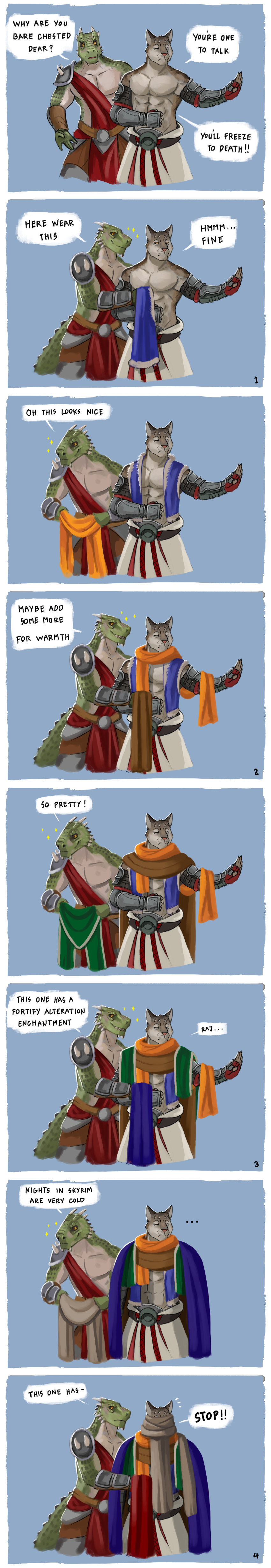 5_fingers 7theaven abs absurd_res anthro argonian armor bethesda_softworks biceps biped brown_body brown_fur clothed clothing comic couple_(disambiguation) dressing duo english_text eyes_closed felid feline fingers fur green_body green_scales hi_res humor khajiit long_image looking_at_another looking_at_partner male male/male mammal multicolored_body multicolored_fur multicolored_scales muscular muscular_arms muscular_male pecs raj-mota_rus_(character) robe romantic_ambiance romantic_couple scales scalie simple_background speech_bubble tall_image text the_elder_scrolls triceps video_games zah'ari_(character)