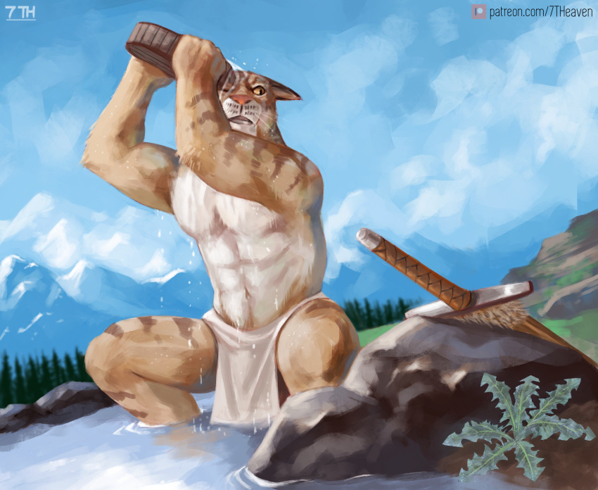 7theaven abs absurd_res bathing bethesda_softworks biceps brown_body brown_fur clothing cloud crouching day detailed_background felid feline fur hi_res khajiit loincloth male mammal melee_weapon mountain multicolored_body multicolored_fur muscular muscular_arms muscular_legs muscular_male navel pecs pine_tree solo stripes text the_elder_scrolls tree triceps url video_games water weapon zah'ari_(character)