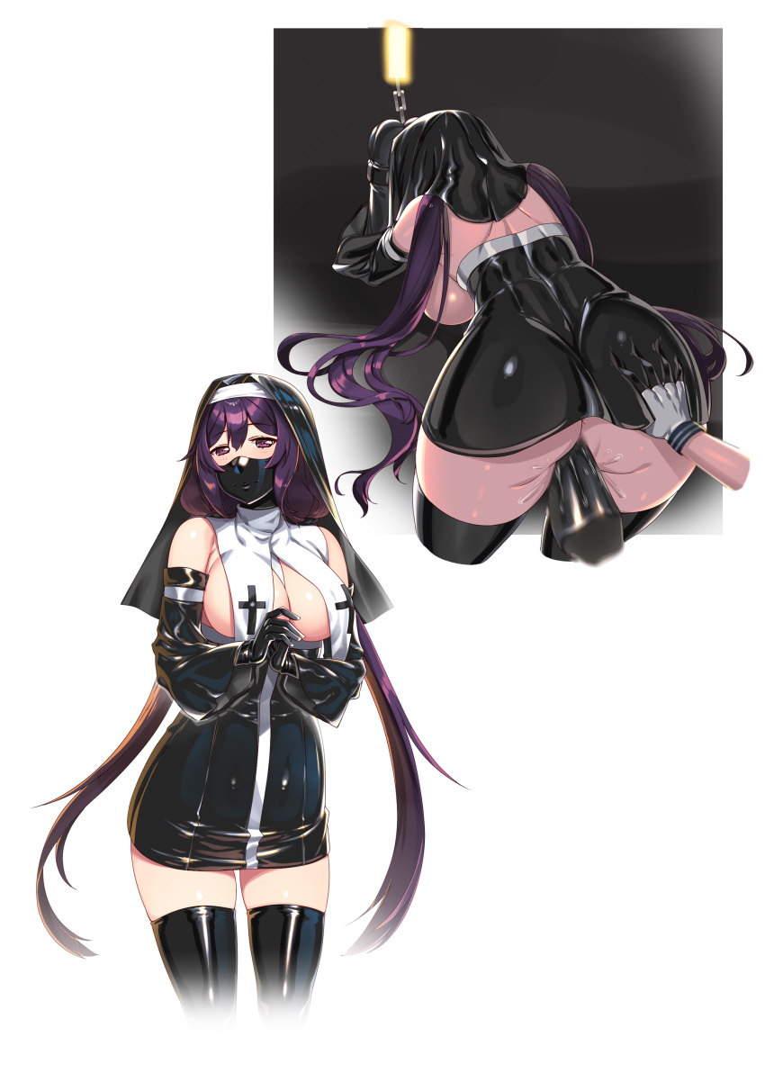 1girl absurdres ass ass_grab bdsm bent_over breast_curtains cross dildo from_behind gloves grabbing_another's_ass groping habit half_mask hand_on_ass hie_(hiememiko) hiememiko highres kantai_collection latex long_hair looking_at_viewer low_twintails mask mouth_mask murakumo_(kantai_collection) neckwear_between_breasts ninja_mask nun object_insertion original purple_eyes purple_hair revealing_clothes shiny shiny_clothes solo_focus thighhighs twintails vaginal vaginal_object_insertion vaginal_object_push veil