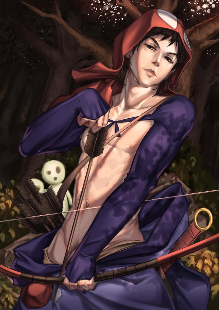 1boy :o absurdres arrow ashitaka bangs bare_chest bow_(weapon) brown_hair chest clothes_down collarbone cowboy_shot dappled_sunlight forest half-closed_eyes hand_up head_tilt highres holding holding_arrow holding_bow_(weapon) holding_weapon hood huge_filesize kodama lips looking_at_viewer male_focus male_pubic_hair mononoke_hime motszkwan nagatekkou nature navel nipples nose open_clothes outdoors parted_lips penis penis_peek pubic_hair realistic red_hood sheath sheathed solo spirit standing sunlight sword tree weapon