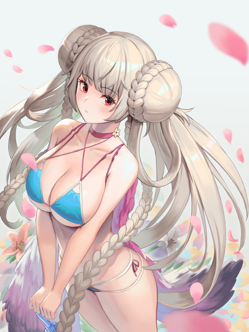 1girl azur_lane bangs bare_arms bare_shoulders bikini blue_background blue_bikini blush braid breasts choker cleavage closed_mouth collarbone commentary_request criss-cross_halter double_bun eyebrows_visible_through_hair feathers flower formidable_(azur_lane) formidable_(the_lady_of_the_beach)_(azur_lane) from_above halterneck highres large_breasts long_hair looking_at_viewer looking_up moonandmist own_hands_together petals pink_choker pink_flower red_eyes simple_background solo standing swimsuit twin_braids twintails v_arms very_long_hair