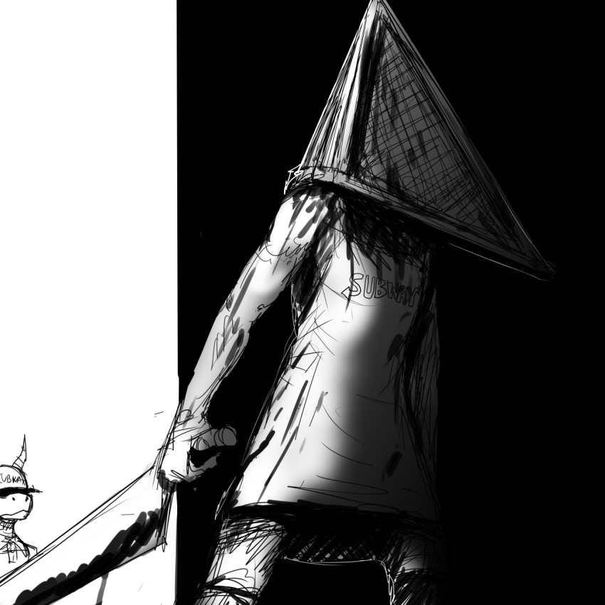 1:1 activision anthro black_background blood blood_on_arm blood_on_clothing blood_on_weapon bodily_fluids cleaver_(weapon) clothing comic dragon for_a_head hi_res hladilnik humanoid konami male melee_weapon monochrome monstrous_humanoid object_head pyramid_head silent_hill simple_background spyro spyro_the_dragon subway_(restaurant) video_games weapon white_background