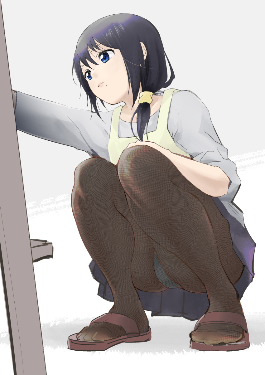 1girl absurdres apron azuma_shihoko black_hair black_legwear blue_eyes blue_panties highres kamiki_uutarou mole mole_under_mouth panties pantyhose pantyshot pantyshot_(squatting) sandals solo squatting thighs underwear yuru_yuri