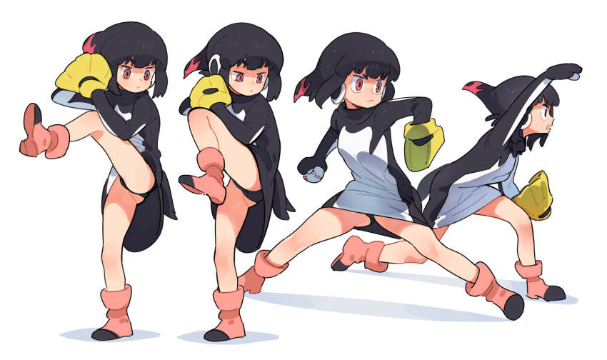 1girl adelie_penguin_(kemono_friends) ankle_boots arm_up ball bangs bare_legs baseball baseball_mitt bird_tail black_hair black_panties blunt_bangs boots clenched_teeth closed_mouth dress expressionless eyebrows from_side full_body half-closed_eyes hand_up hands_up headphones holding holding_ball kazue1000 kemono_friends leg_up long_sleeves looking_afar looking_away looking_down multicolored_hair multiple_views panties pantyshot pantyshot_(standing) penguin_tail pink_footwear profile red_hair shoe_soles short_hair simple_background spread_legs standing tail teeth turtleneck two-tone_hair underwear v-shaped_eyebrows white_background wide-eyed