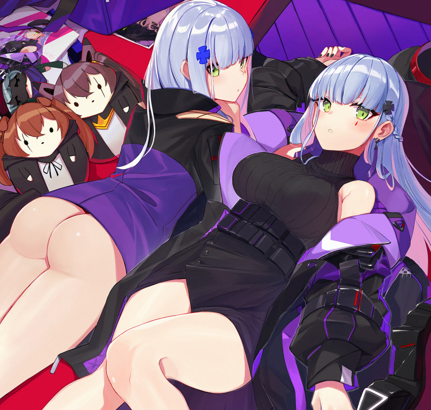 2girls arm_up ass bare_shoulders black_dress black_jacket breasts character_doll cross_hair_ornament dress expressionless facial_mark girls_frontline green_eyes hair_ornament highres hk416_(girls_frontline) jacket large_breasts long_hair long_sleeves looking_at_viewer looking_back lying magazine multiple_girls multiple_persona off_shoulder on_back on_stomach open_clothes open_jacket parted_lips puffy_sleeves ranyu revision ribbed_sweater short_dress silver_hair sleeveless sleeveless_turtleneck sweater thighs turtleneck ump45_(girls_frontline) ump9_(girls_frontline)