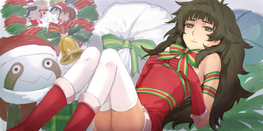 1girl amane_suzuha bare_shoulders bell boots bow breasts christmas closed_mouth covering covering_breasts dress embarrassed fur-trimmed_boots fur_trim gift_bag green_eyes green_hair highres hiyajou_maho lips long_hair looking_at_viewer lying makise_kurisu menomorute off-shoulder_dress off_shoulder okabe_rintarou on_back red_dress red_footwear ribbon santa_dress shiina_mayuri short_dress small_breasts solo steins;gate steins;gate_0 taut_clothes thick_eyebrows thighhighs thighs upa_(steins;gate) urushibara_ruka white_legwear wreath