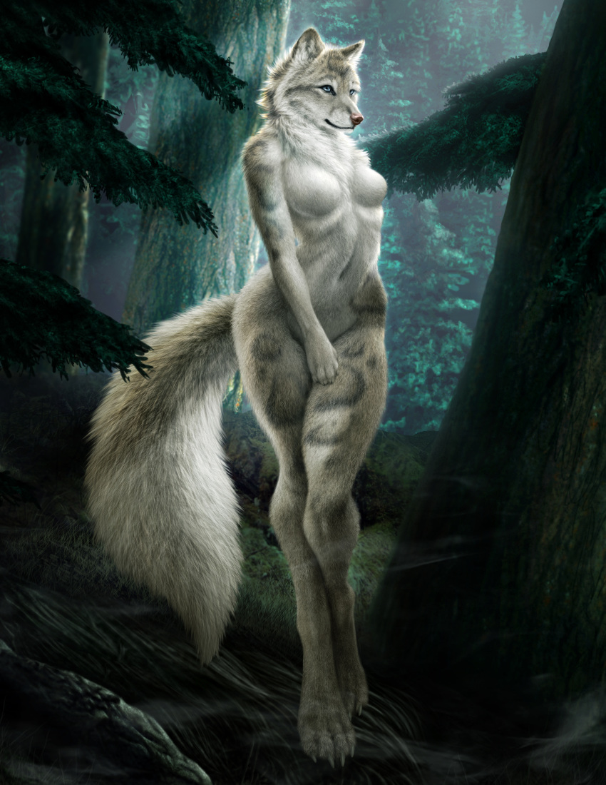absurd_res anthro arctic_wolf blue_eyes breasts canid canine canis claws clouded_leopard digitigrade felid female forest fur hi_res hybrid jocarra long_fur long_tail mammal nilo_(cardinilo) pantherine solo tan_nose toe_claws tree wolf