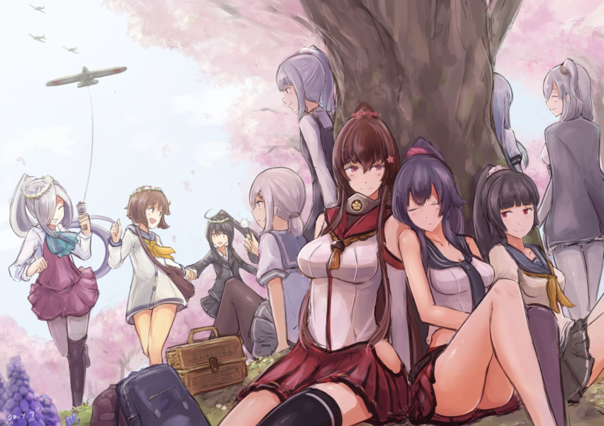 6+girls :d aircraft airplane alternate_hairstyle asashimo_(kantai_collection) ass asymmetrical_legwear backpack bag bare_shoulders black_backpack black_hair black_jacket black_legwear black_skirt blazer blue_eyes boots breasts brown_bag brown_eyes brown_hair cape character_request cherry_blossoms cleavage closed_eyes cross-laced_footwear detached_sleeves dress eyebrows_visible_through_hair facing_another grey_cape grey_skirt hair_ornament hair_over_one_eye hair_scrunchie hairclip halterneck hamakaze_(kantai_collection) hatsushimo_(kantai_collection) headgear highres holding_hands isokaze_(kantai_collection) jacket kantai_collection kasumi_(kantai_collection) kite lace-up_boots large_breasts long_hair long_sleeves looking_at_another low_ponytail midriff mizuchi_(mizuchi7118) multiple_girls neckerchief open_mouth pantyhose picnic_basket pinafore_dress pleated_dress pleated_skirt ponytail purple_dress purple_legwear purple_scrunchie red_eyes red_skirt remodel_(kantai_collection) sailor_dress school_uniform scrunchie serafuku shirt short_hair short_ponytail side_ponytail sidelocks silver_hair single_thighhigh sitting skirt sleeping sleeveless sleeveless_shirt smile suzutsuki_(kantai_collection) thigh_boots thighhighs white_scrunchie white_shirt yahagi_(kantai_collection) yamato_(kantai_collection) yellow_neckwear yukikaze_(kantai_collection)