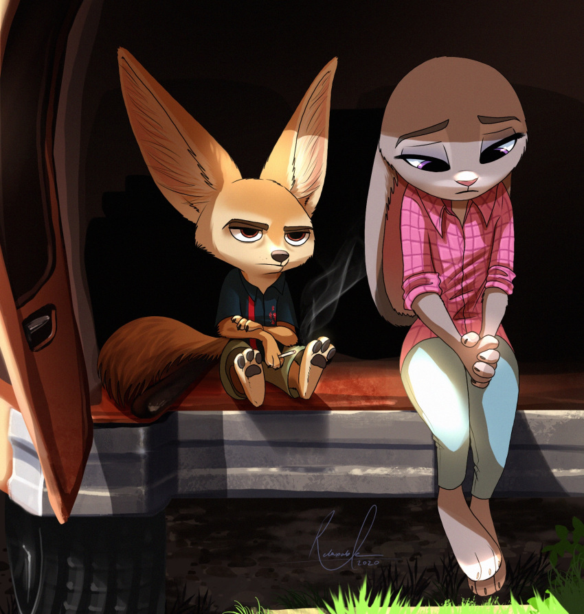 2020 anthro barefoot brown_eyes canid canine cheek_tuft cigarette clothed clothing disney duo ears_down facial_tuft fennec finnick fox fully_clothed fur grass grey_body grey_fur hi_res inner_ear_fluff judy_hopps light lighting mammal medium_truck outside pawpads pivoted_ears purple_eyes relaxable relaxablefur sad signature sitting tan_body tan_fur truck_(vehicle) tuft van vehicle zootopia