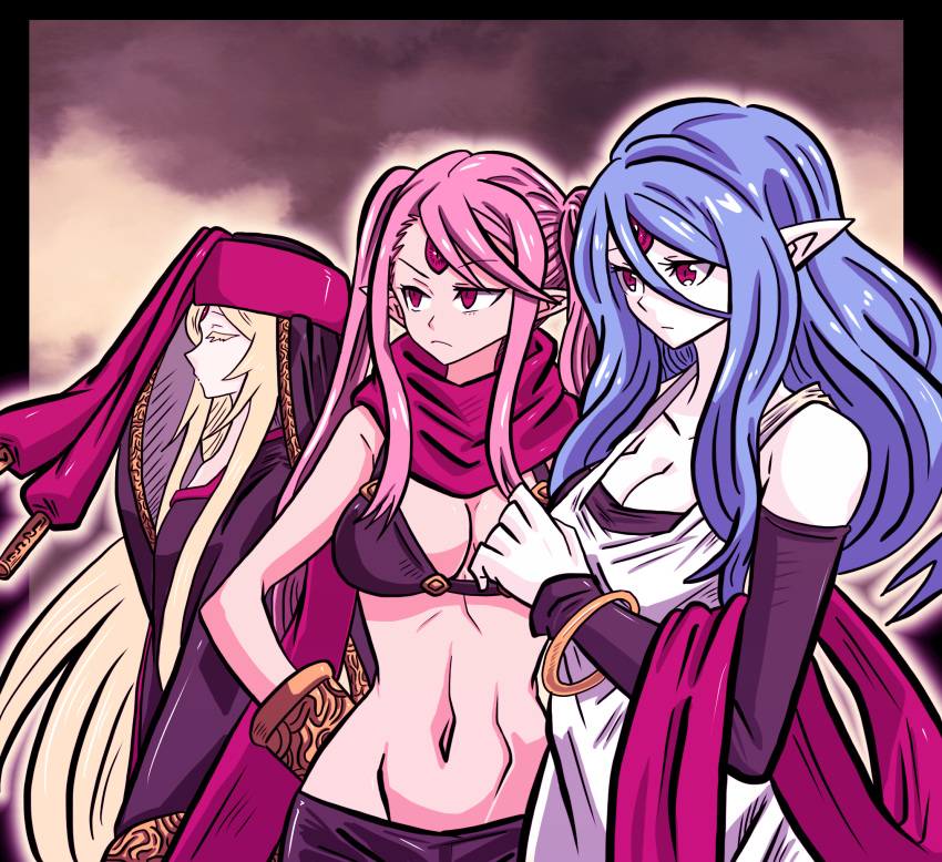 3girls azelf batchgooya bikini_top black_bikini_top blue_hair breasts cleavage closed_eyes commentary_request flat_chest frown gen_4_pokemon highres large_breasts long_hair mesprit midriff multiple_girls navel personification pink_hair pointy_ears pokemon purple_eyes twintails uxie