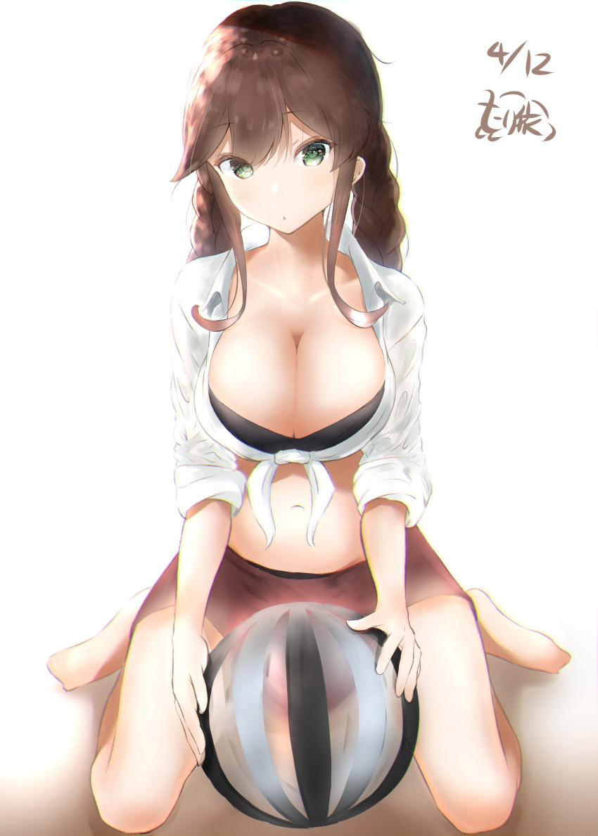 1girl absurdres artist_logo ball bangs barefoot beachball bikini black_bikini braid breasts brown_hair cleavage commentary_request dated green_eyes highres kantai_collection large_breasts long_hair looking_at_viewer noshiro_(kantai_collection) red_skirt shanghmely shirt sitting skirt solo swept_bangs swimsuit tied_shirt twin_braids wariza white_shirt