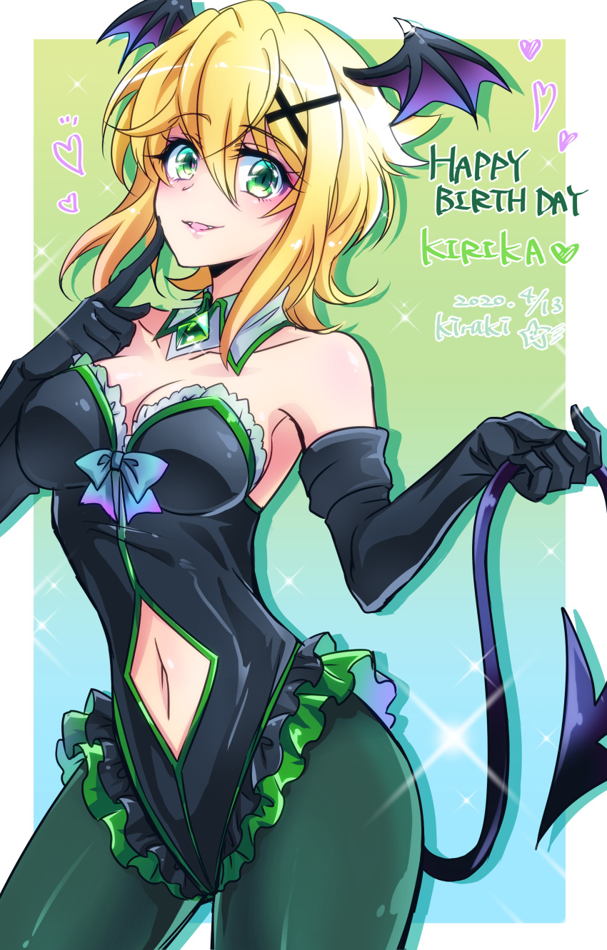 1girl absurdres akatsuki_kirika black_leotard blonde_hair blush breasts cleavage demon_tail demon_wings gloves green_eyes green_legwear hair_ornament heart highres kiraki leotard medium_breasts navel navel_cutout open_mouth pantyhose senki_zesshou_symphogear shiny shiny_hair shiny_skin short_hair smile solo standing tail wings x_hair_ornament