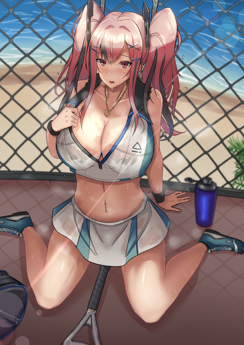 1girl absurdres arm_support azur_lane bag bangs bare_legs bare_shoulders beach black_bra black_hair blush bottle bra breasts bremerton_(azur_lane) bremerton_(scorching-hot_training)_(azur_lane) chain-link_fence chronoka cleavage collarbone collared_shirt commentary_request crop_top crop_top_overhang duffel_bag eyebrows_visible_through_hair fence full_body green_footwear green_skirt groin hair_between_eyes hair_intakes hair_ornament hairclip heart heart_necklace highres holding_racket large_breasts lens_flare long_hair looking_at_viewer midriff mole mole_under_eye multicolored_hair navel navel_piercing ocean piercing pink_eyes pink_hair racket sand see-through shadow shirt shirt_tug shoes sidelocks sitting skirt sleeveless sleeveless_shirt sneakers solo sportswear steam streaked_hair sweat tennis_racket tennis_uniform twintails two-tone_hair two-tone_shirt two-tone_skirt underwear wariza water_bottle water_drop wet wet_clothes wet_shirt wet_skirt white_shirt white_skirt wristband x_hair_ornament